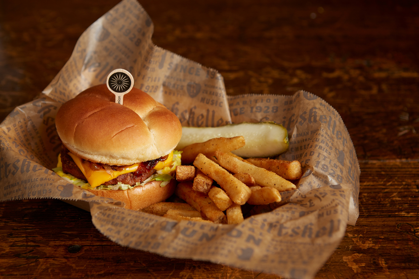 Rathskeller Burger with Fries and a Pickle