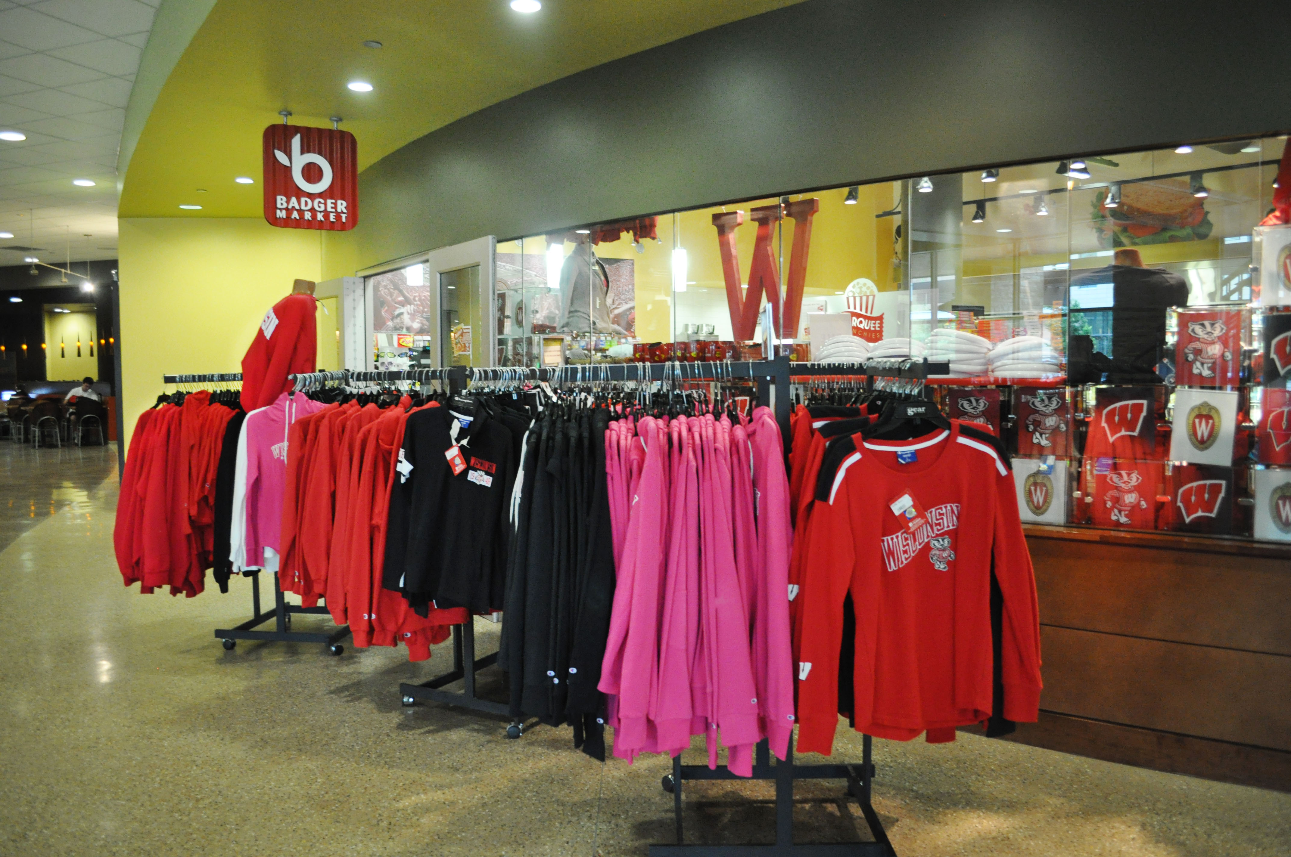 Badger Market Union South entrance with apparel out front