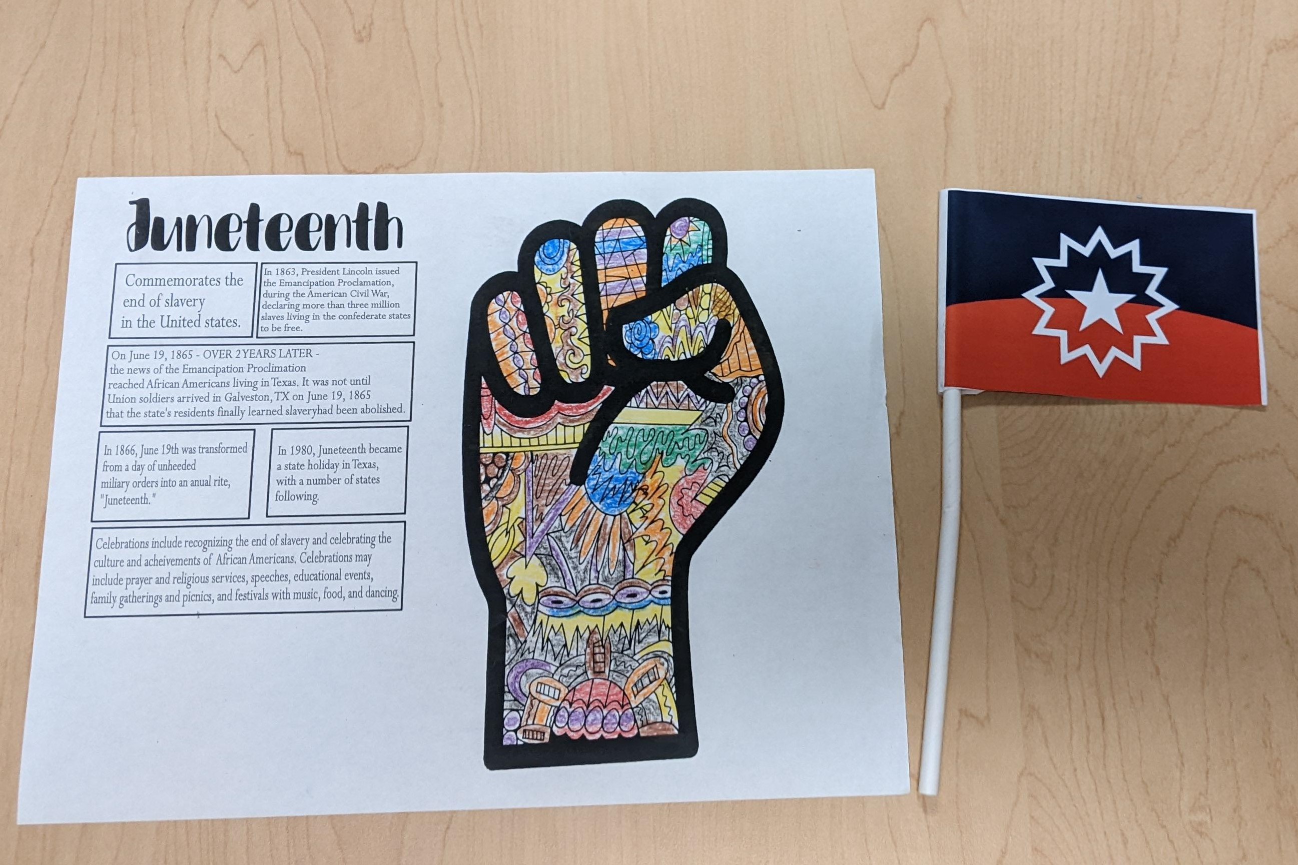 Juneteenth Coloring page with a fist and a Juneteenth flag