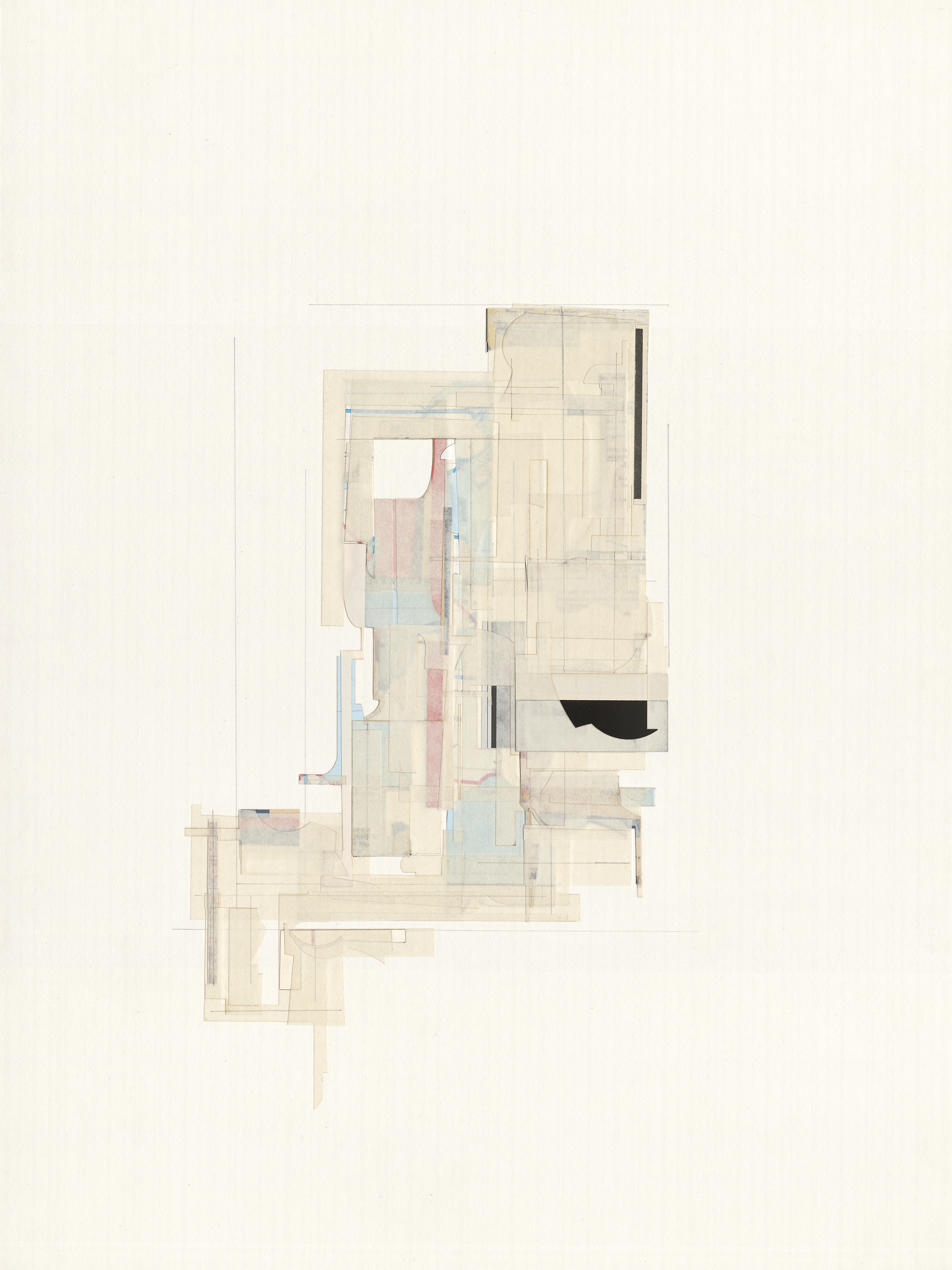 A mixed media collage by Jason Ruhl from the exhibition "The Mind Plays Tricks on You, You Play Tricks Back". It mainly consists of neutral colors, with some portions of blue, and smaller portions of red and orange. The shape is geometric, yet irregular, with varied geometric shapes and thin lines protruding from the main form. 