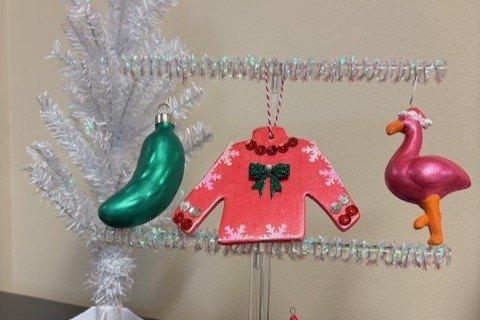 Pickle, sweater and flamingo ornaments