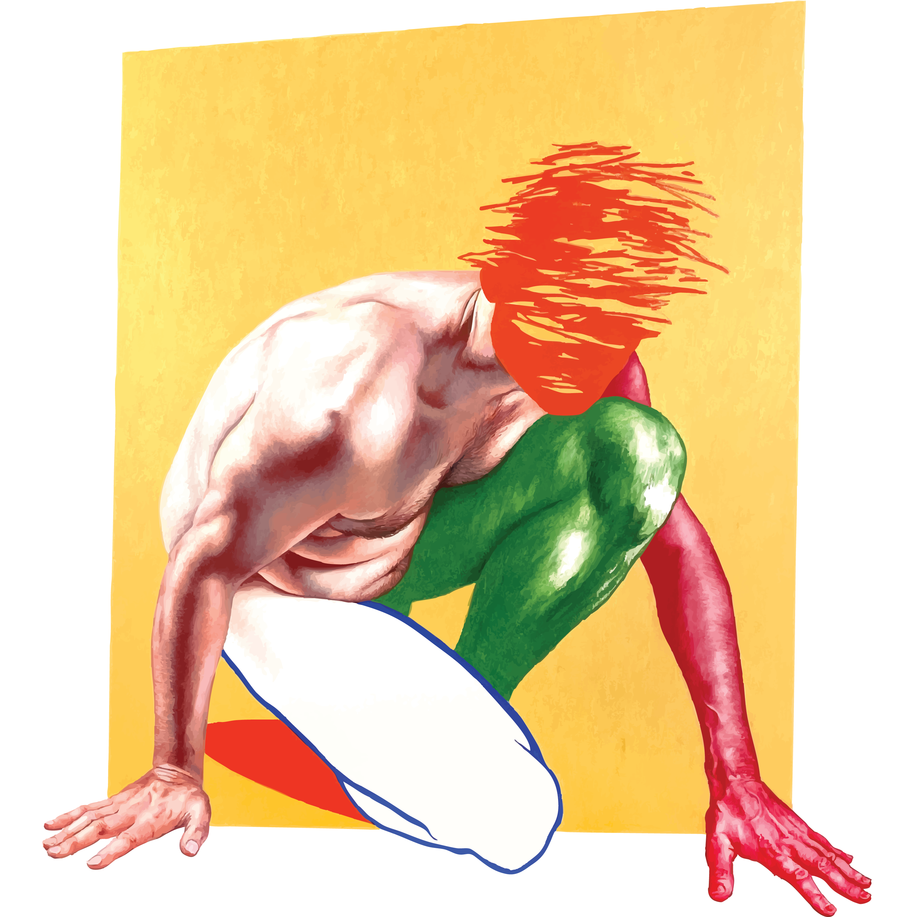 A mixed media work by Russ White. A masculine figure is crawling out of a yellow-gold square. The figure's torso and right arm is photorealistic, their right leg is only outlined, and their left leg, left arm, and face are abstracted in red and green scribbles and shapes. 