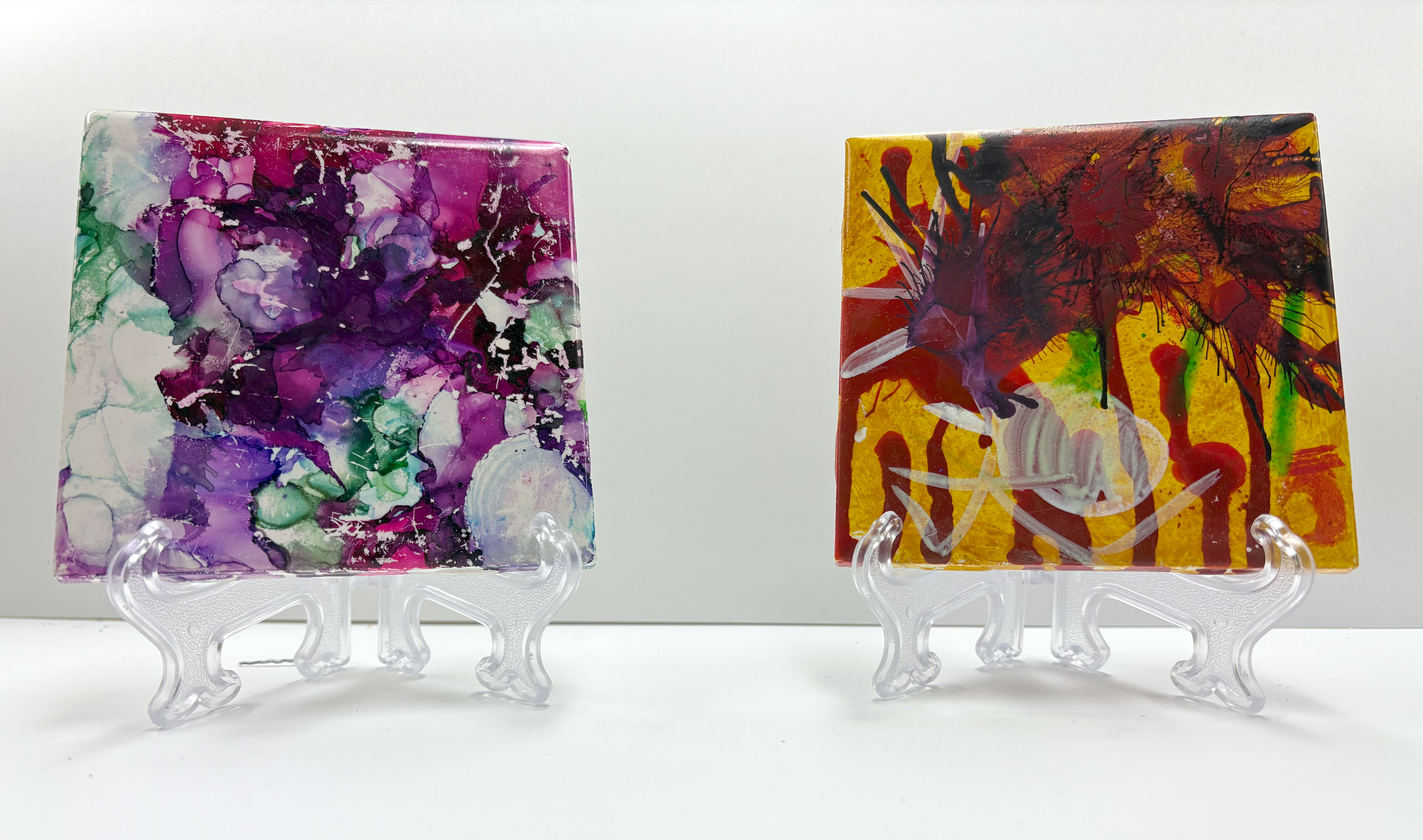 Two colorful ink flow tile projects.