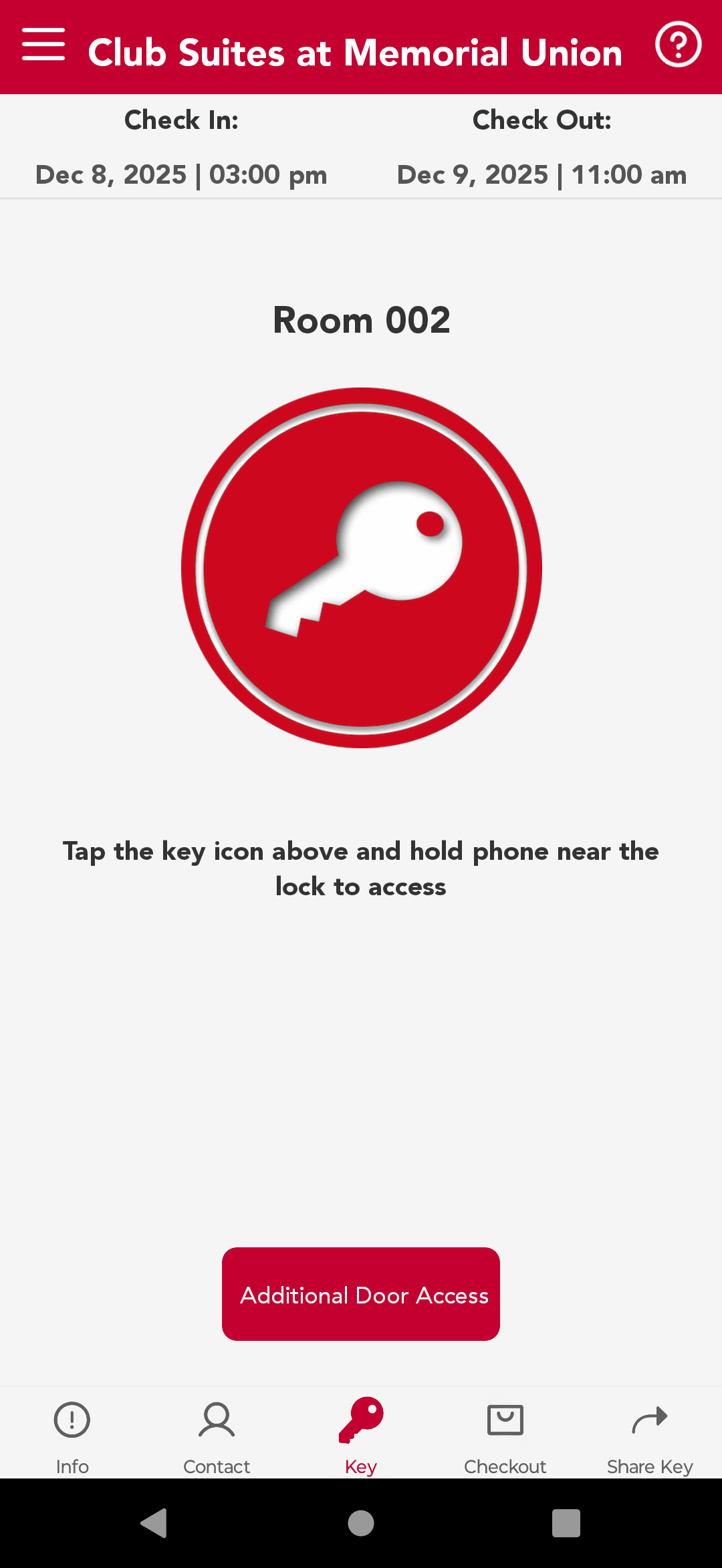 Screenshot of the mobile check-in app for the Club Suites.