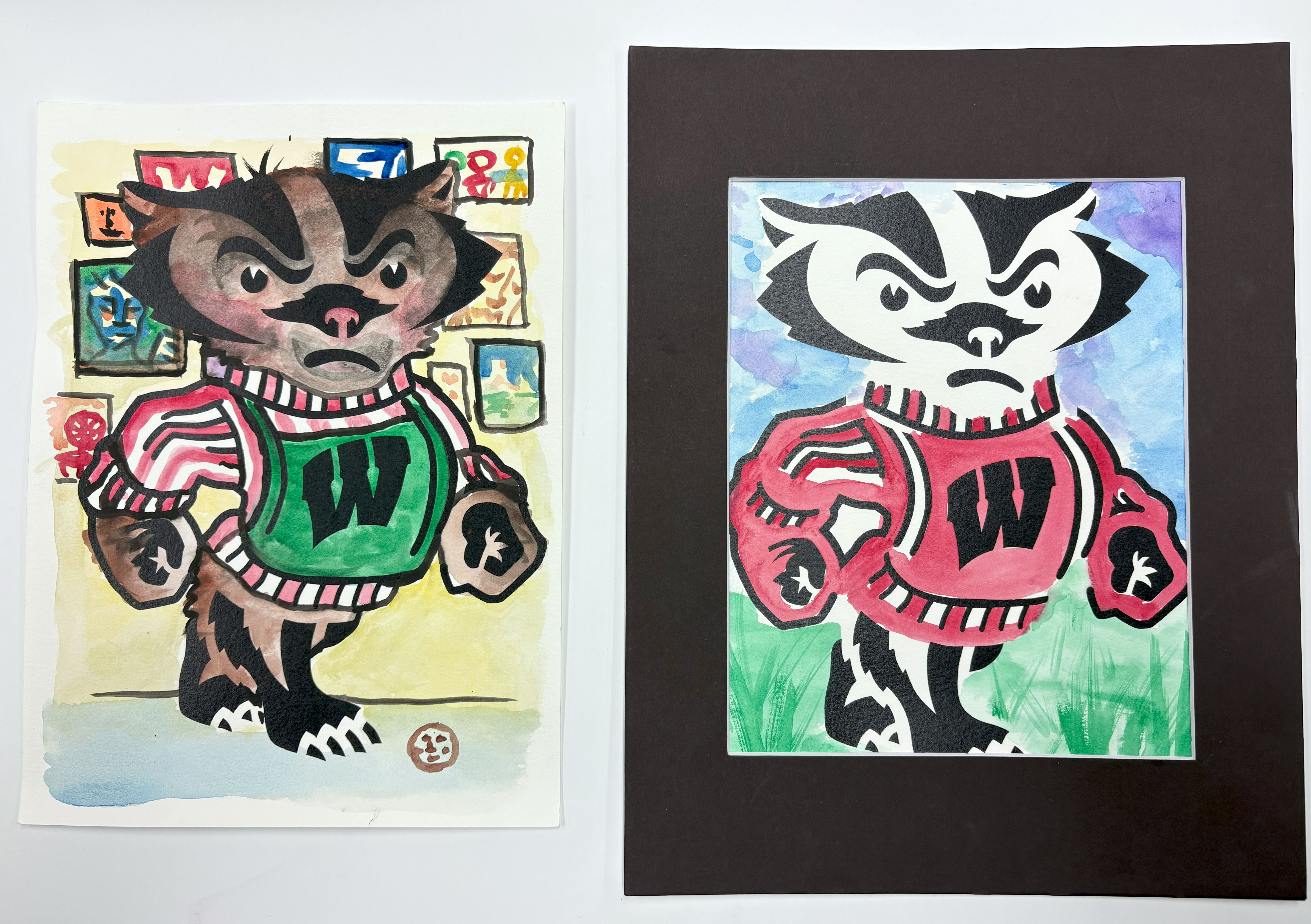 Watercolor paintings of Bucky Badger