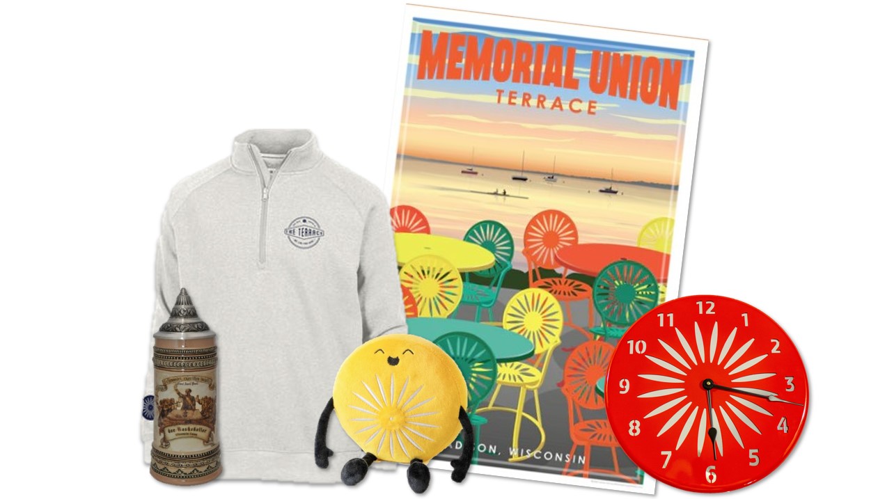 Prizes for My Union Story drawing: clock, stein, poster, hoodie, and plushie