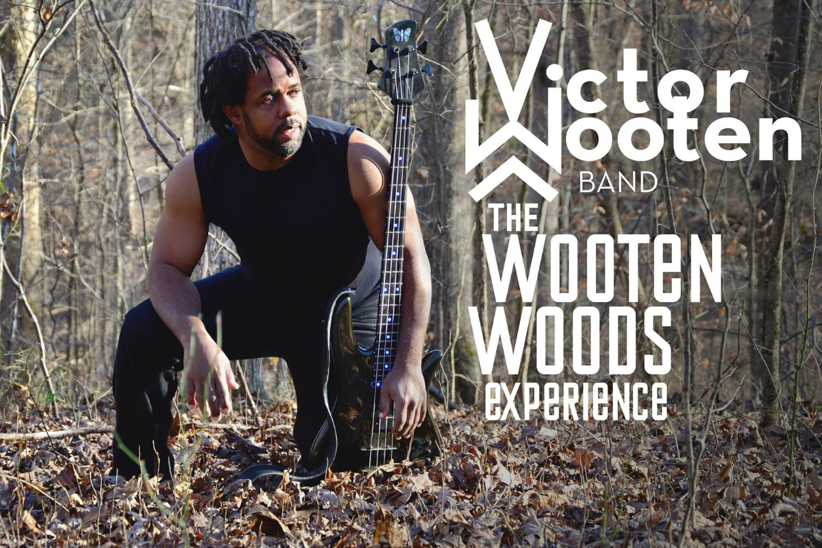 A person kneeling in a forest with an electric guitar.