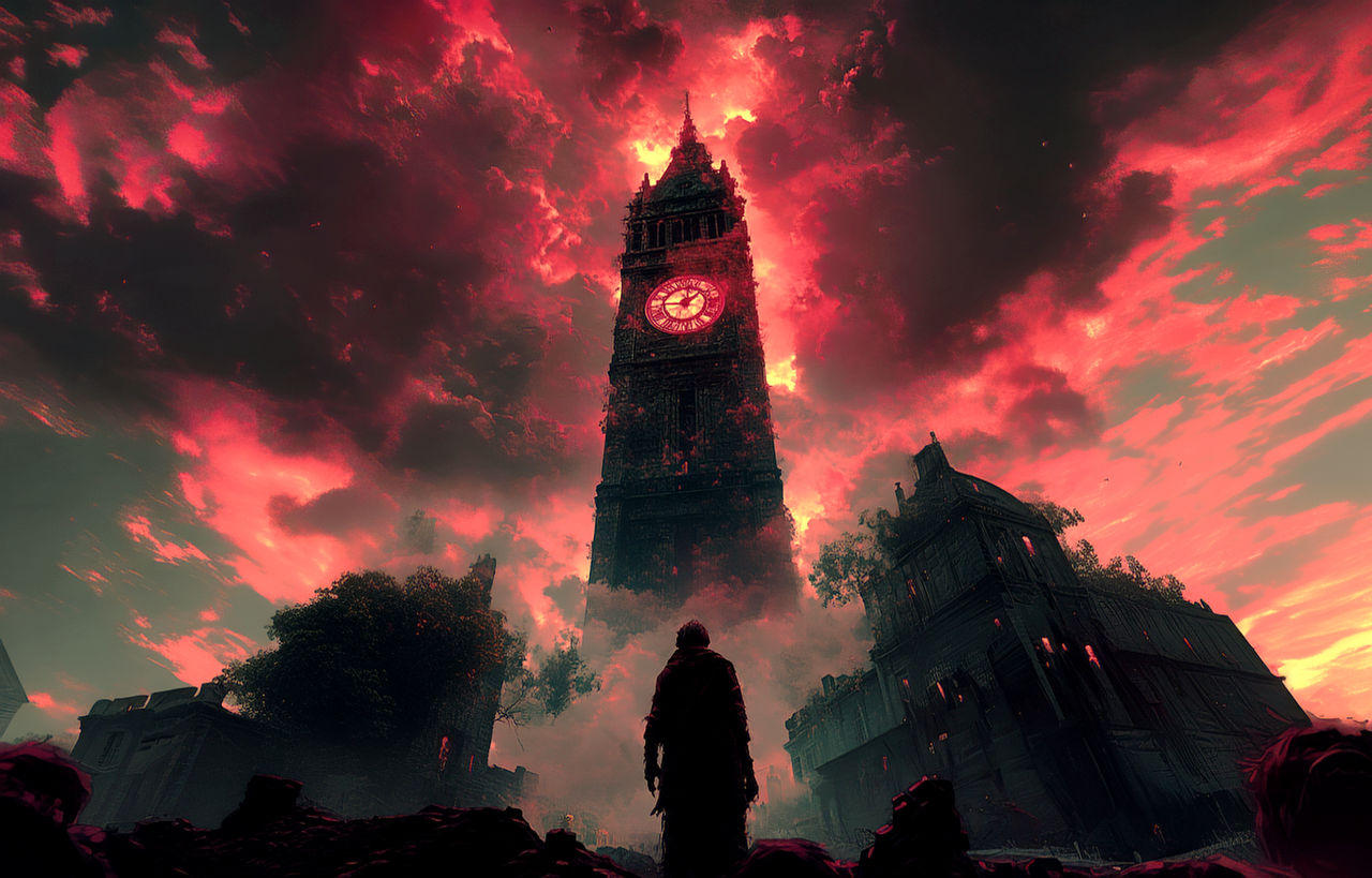 Blood On the Clocktower Art by Laietano. It pictures the back of a man who is all shadow and in front of him is a tall tower whose clock is red as the sky.