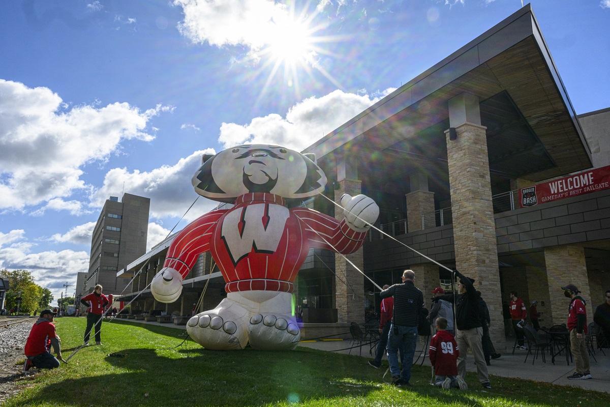 Giant inflatable Bucky Badger at Union South for homecoming tailgating