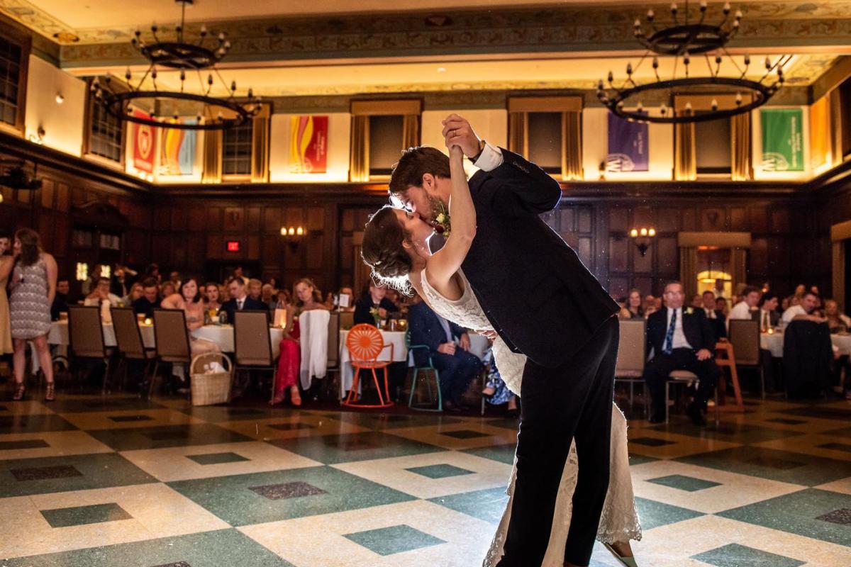 Bride and groom dance in Tripp Commons