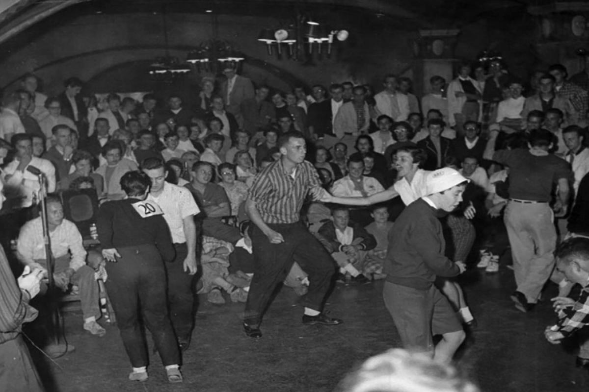Black and white photo of Badger Olympics at Der Rathskeller