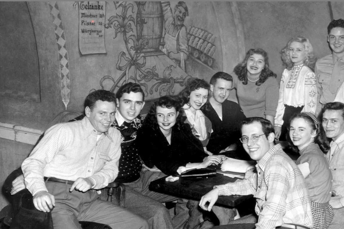 Black and white photo of students at Der Rathskeller