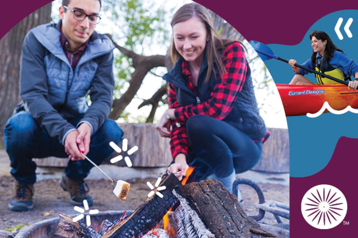 Graphic image with two individuals roasting marshmallows over a fire, tree in background to the right of a cutout of an individual rowing in a canoe over a purple union background. Union logo in bottom right.