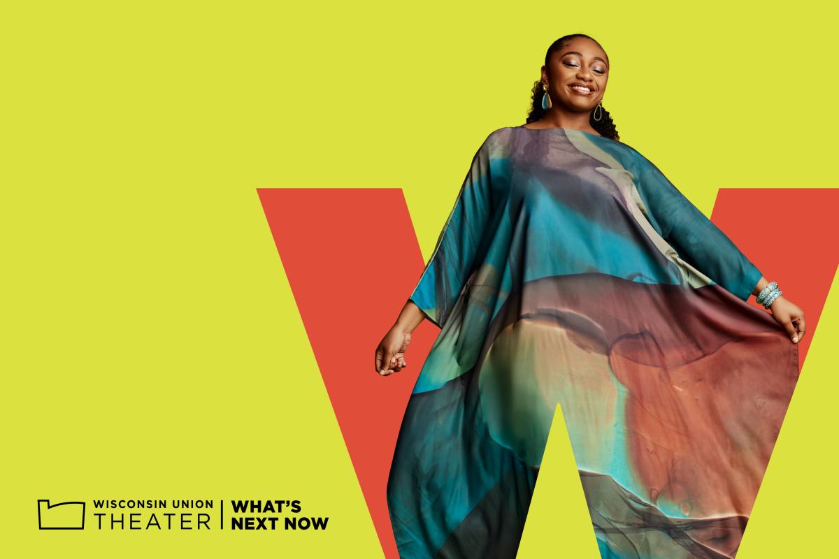 Photo of Samara Joy in front of Wisconsin Union Theater branded background.. 