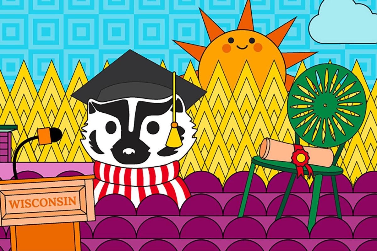 Bucky Badger in Graduation Cap with a Terrace chair and diploma.