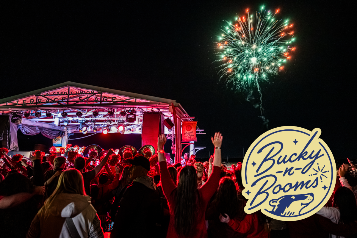 Bucky n Booms logo, with photo of fireworks on the Terrace.