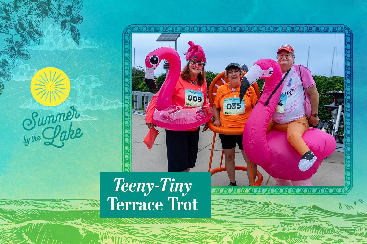 People in pink flamingo costumes participating in Teeny-Tiny Terrace Trot