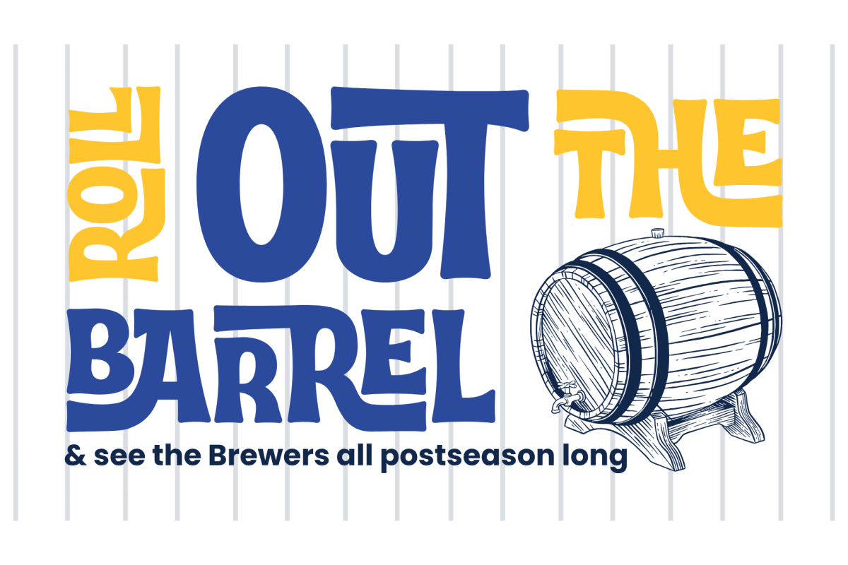 Roll Out the Barrel graphic featuring bold blue and gold lettering, a wooden beer barrel illustration, and the message “See the Brewers all postseason long.”