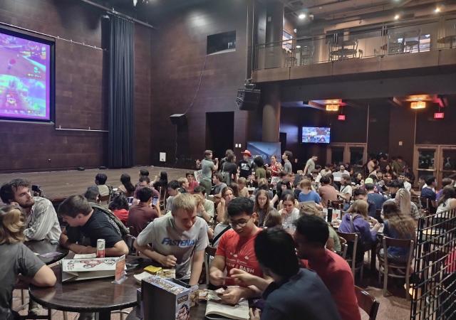 Crowd of people playing games in the Sett in Union South