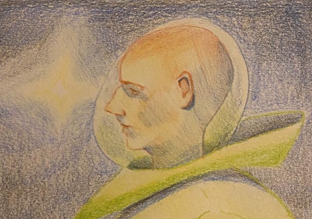 Colored pencil drawing of astronaut wearing helmet in side profile