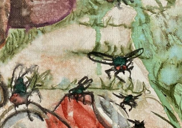 Watercolor painting of flies and a red soda can