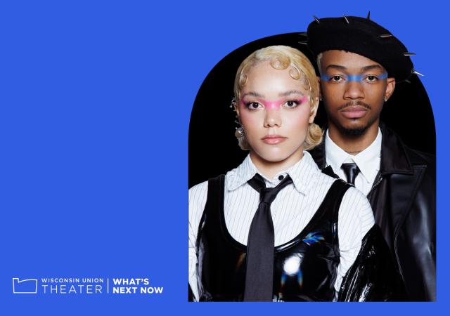 Photo of PARTYOF2 framed in a black and blue background.