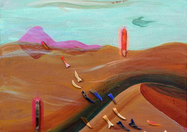 To where the wind blows, an acrylic painting by Youn Shim, with an orange/brown foreground, and a light blue background, with colorful abstract figures depicting abstracted fish, wind, sand dunes, mountains, and more abstract figures The painting is generally abstract, not depicting a realistic scene, but could be likened to a desert with an oceanic sky.