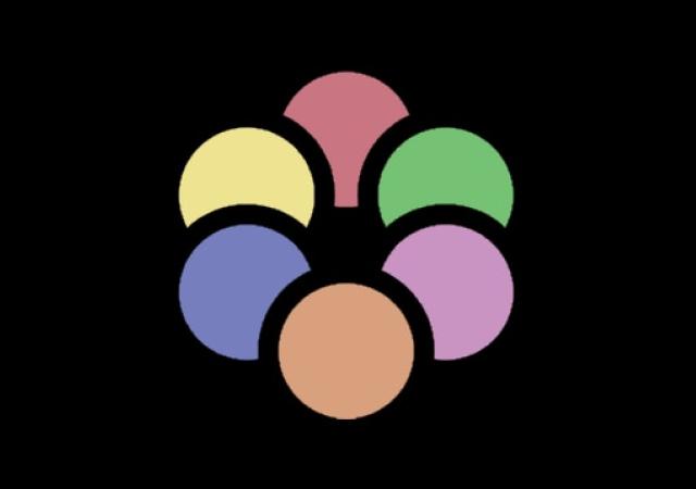 6 dots overlapping in red, yellow, green, blue, pink, orange.