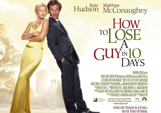 Image from film How to Lose a Guy in 10 Days, a man and a women lean back to back.