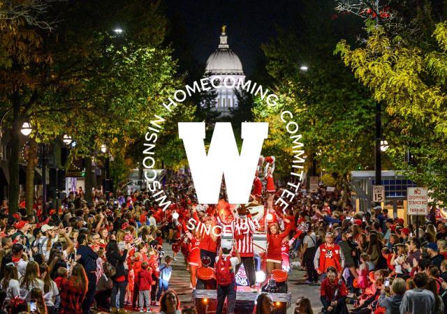 Wisconsin Homecoming Logo over a photo of the parade
