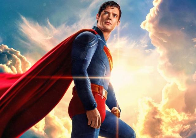 Still from film Superman (2025), superman floats in the clouds.