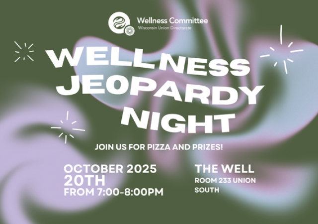 WUD Wellness Jeopardy Flyer, event on October 20th from 7-8PM in Union South.