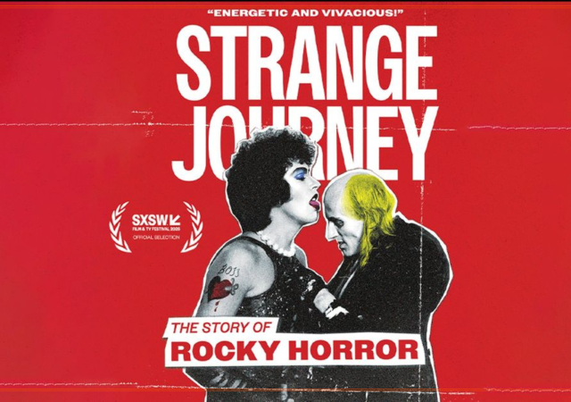 Poster image of two individuals, Dr. Frank-N-Furter an Riff Raff, on a red background with white text that reads &quot;Strange Journey The Story of Rocky Horror&quot;