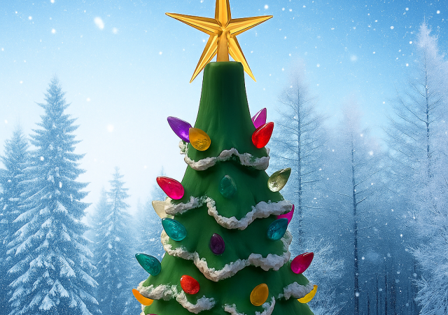 Ceramic Christmas tree against blue wintry backdrop
