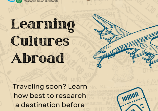 learning cultures abroad written on brown stamp-based background with global connections logo and IAP study abroad logo.