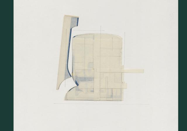 A mixed media collage by Jason Ruhl from the exhibition &quot;The Mind Plays Tricks on You, You Play Tricks Back&quot;. It mainly consists of neutral colors, with some portions of blue, and smaller portions of red and orange. The shape is geometric, yet irregular, with varied geometric shapes and thin lines protruding from the main form.