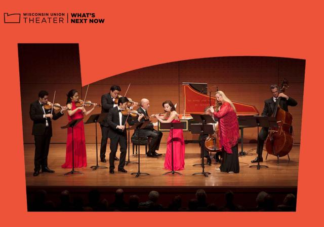 Photo of the Chamber Music Society of Lincoln Center with a red background.