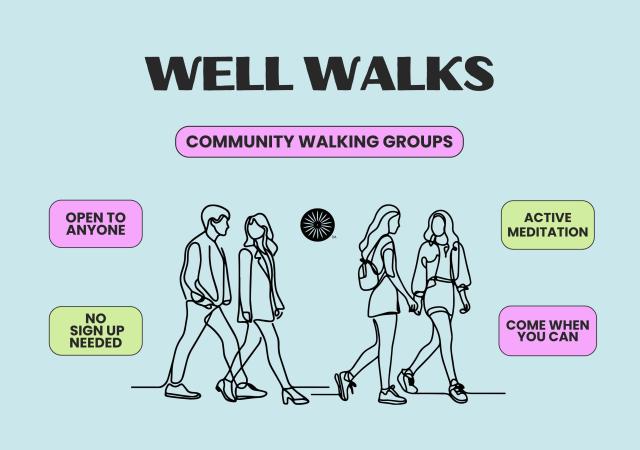Well Walks feature image - community walking groups, no sign up needed, come when you can, open to anyone, active meditation