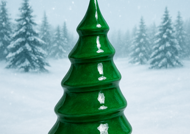 Green ceramic evergreen tree against wintry background