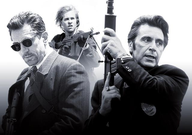 Still from film Heat (1995), three men stand in action.