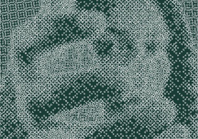 A female-presenting person who is reaching towards the viewer, with their hand partially obscuring their face. The image is very pixelated, consisting of geometric shapes rather than a clear image. The image becomes more unintelligible the closer the viewer gets to it. The image is white and green, the same colors found throughout the Union Website.