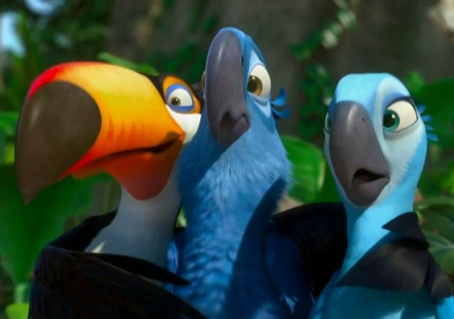 Still from film Rio (2011), three animated birds stand side by side.