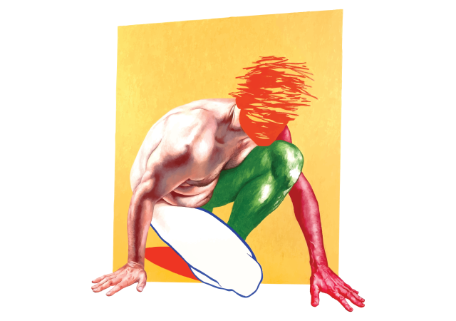 An artwork of a man crawling out of a yellow parallelogram. Some body parts are abstracted in various colors like red and green, in a scribbly, messy, and abstract way. His leg is only a blue outline, while his torso is hyper-realistic. From Russ White's exhibition, &quot;Somebodies&quot;.