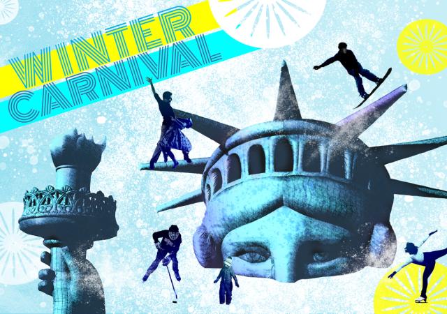 Winter Carnival image with cut outs of people skating, snowboarding, and lady liberties head.