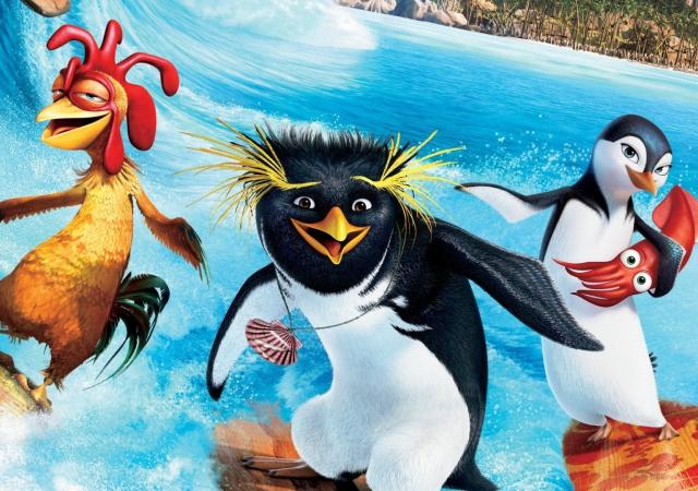 Still from film Surf's Up. Two penguins and a chicken surfing.