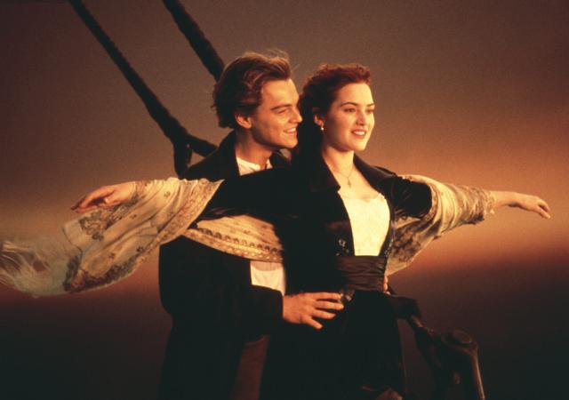 Still from film Titanic, Jack and Rose stand at the front of the ship.