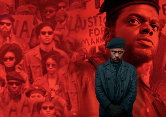 Red and black image of movie characters with full color image of individual wearing all black superimposed.