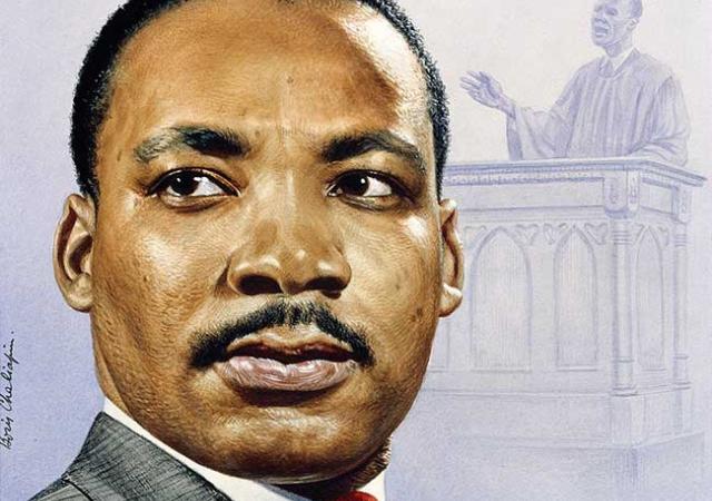 A portrait of Dr. Martin Luther King Jr. from the National Portrait Gallery. Dr. King is featured prominently just to the left of center, looking slightly left. A figure in robes in a pulpit is featured faintly behind Dr. King, a yellow and white bus with people entering is featured small in the lower left hand corner in front of Dr. King. The background is mainly white with some light blue.