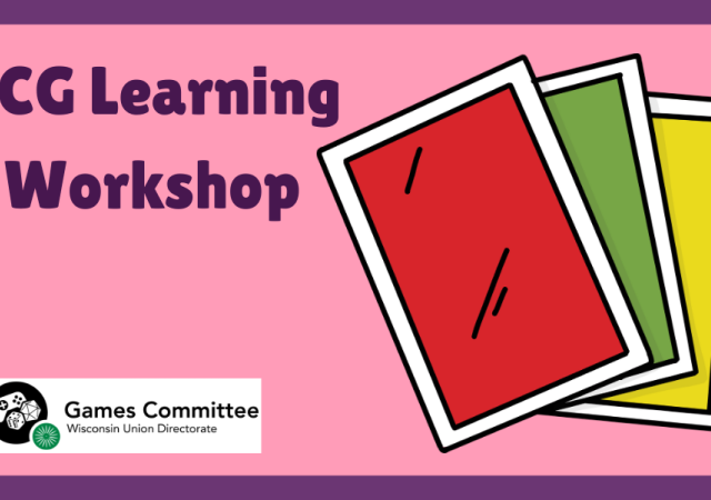Image includes the title "TCG Learning Workshop" as well as the WUD Games logo and a graphic of game cards for decorative effect