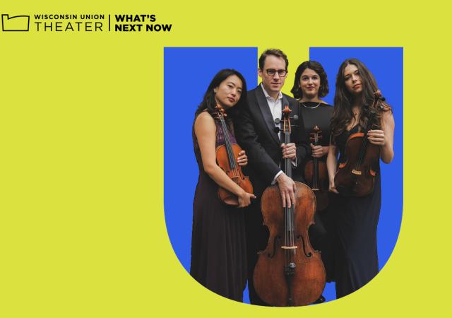 Photo of the Doric String Quartet in front of a blue and yellow geometric background.